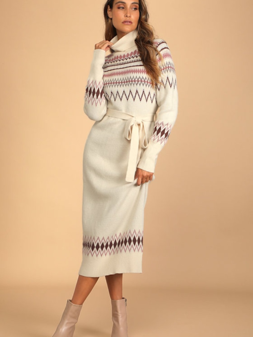 Lulus Chilly Forecast Cream Multi Knit Turtleneck Sweater Midi Dress Beige